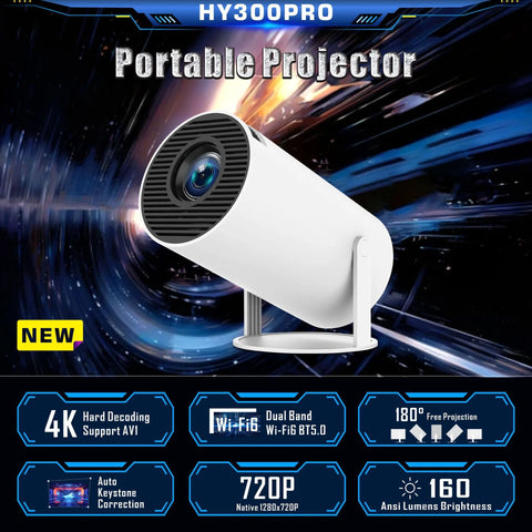 HY300 New 2024 4K Android 11 Home Cinema Outdoor portable Projetor  Dual Wifi6 200 ANSI Allwinner H713 BT5.0 1080P 1280*720P